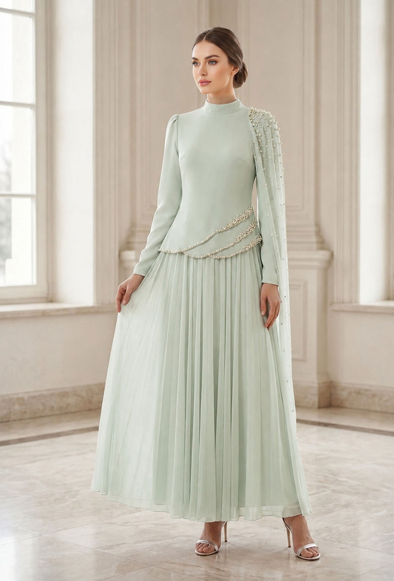 almond green dress T&Y Valerie Special Occasion 14 Garment Fit:SPLIT LEG