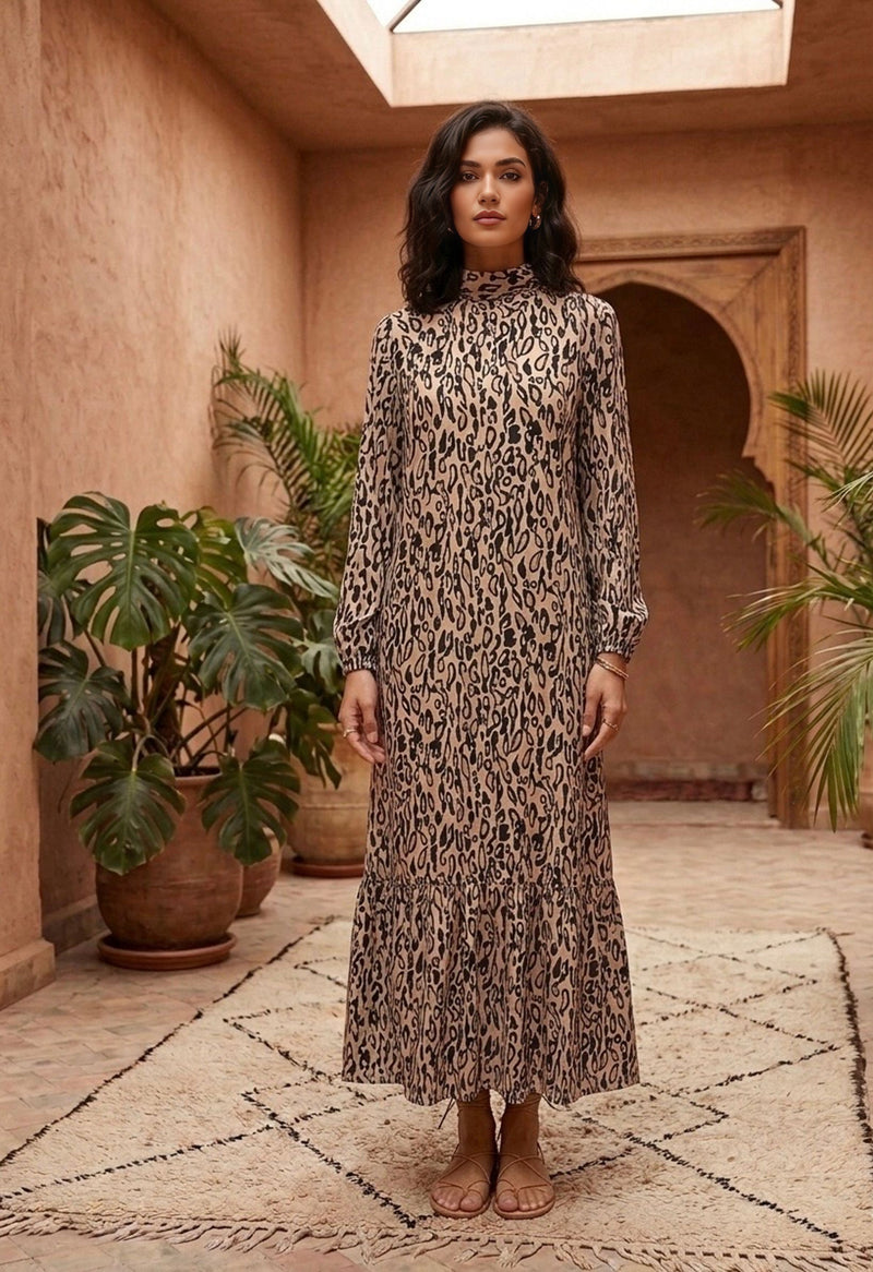 animal viscose dress long sleeve Leopard-print viscose dress Printed For Women