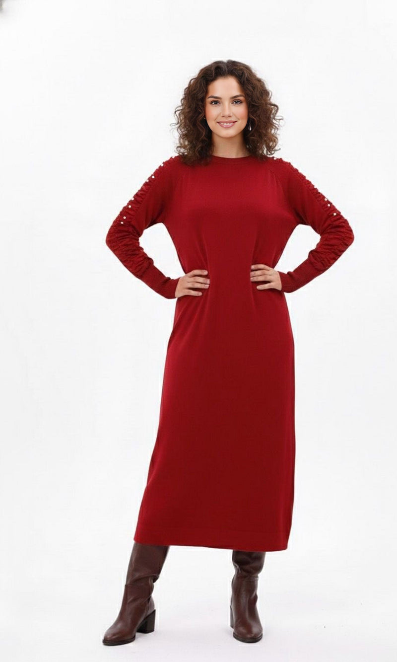 winter dress burgundy Burgundy Velvet Round Neck Pencil Dress