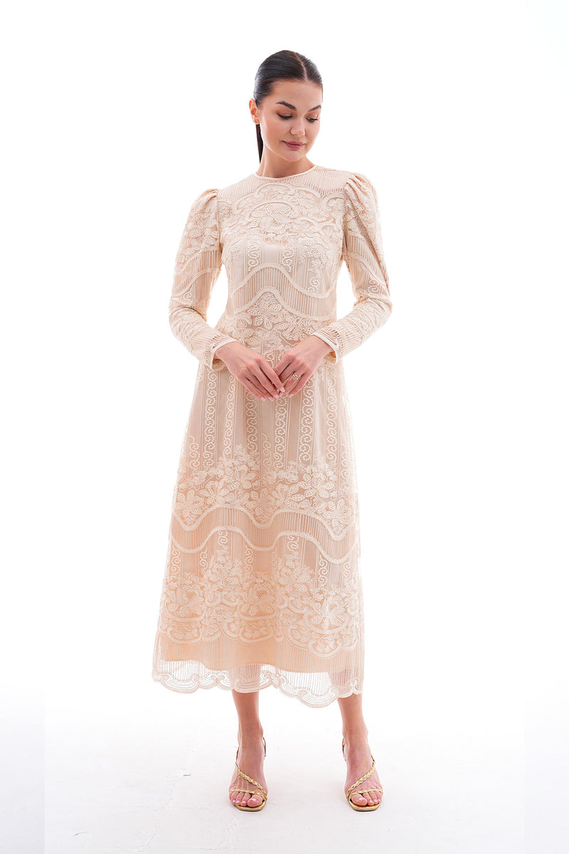 cream lace tea length dress Rosie Lace Bodice Short Sleeve V-Neck Ballerina Dress