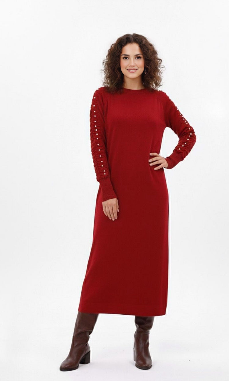 burgundy winter dress Wool Vintage Fit & Flare Midi ZZ Birben Knitted Winter Dress