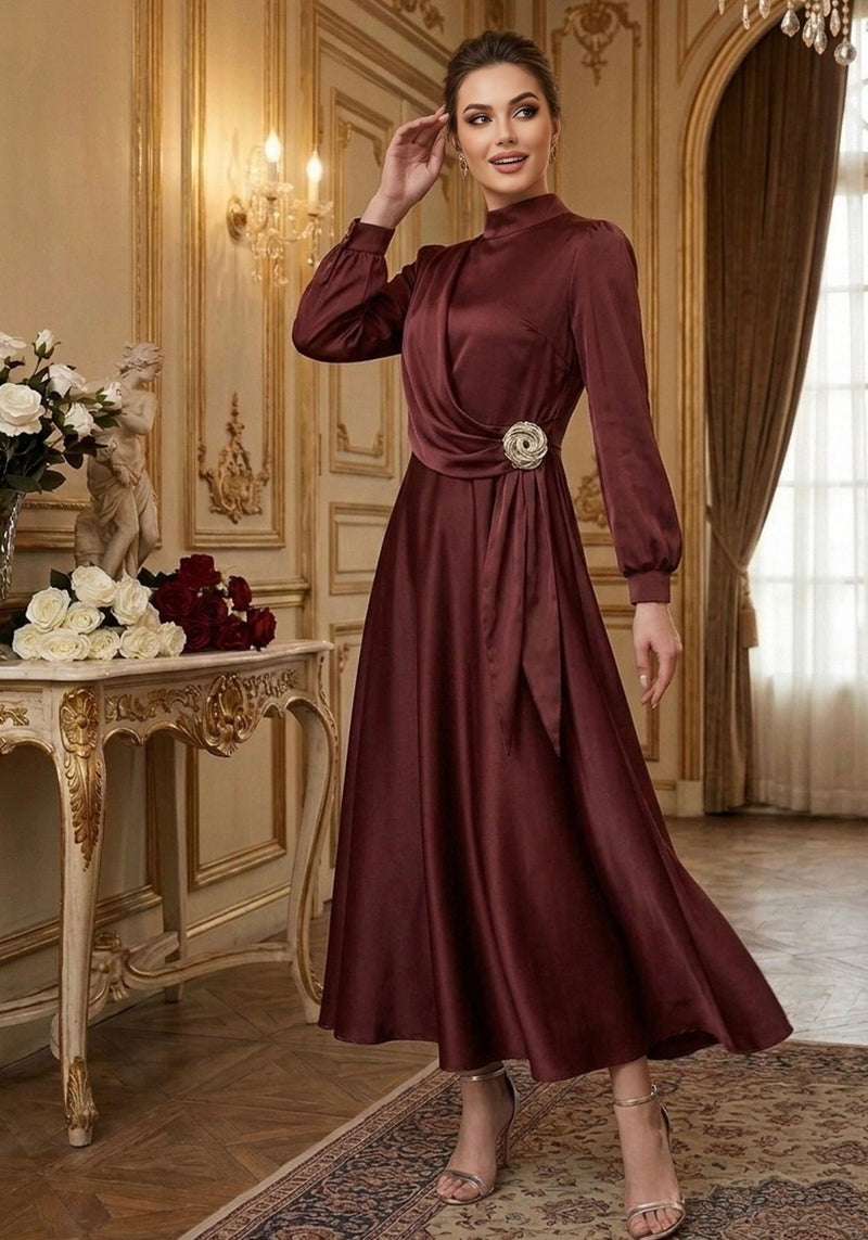 burgundy tea length dress Azazie Sanna