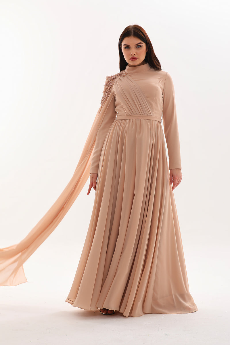 beige occasion dress Formal Dresses for Women Elegant High Neck Sleeveless Fit and Flare Maxi Dress Stretchy Flowy Wedding Guest Evening Dress Beige L