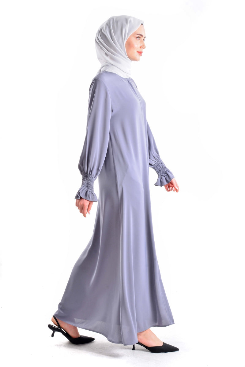 silver abaya dress Yusra Flowy Lightweight Silk Abaya Set