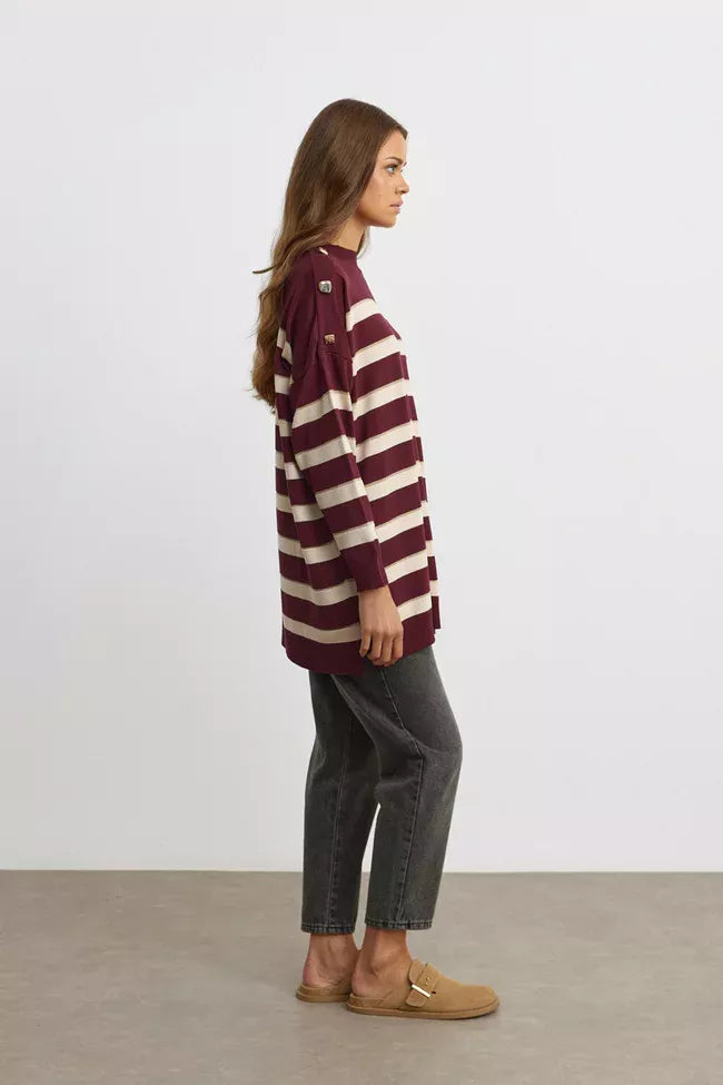 MRW Striped Shiny Knitted Tunic Burgundy