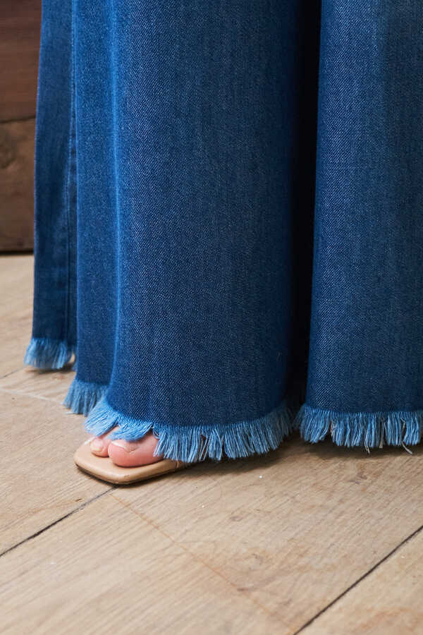 NW Tasseled Denim Wide Pants Dark Blue