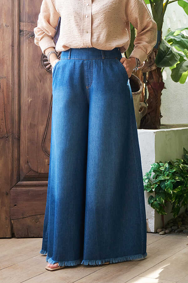 NW Tasseled Denim Wide Pants Dark Blue