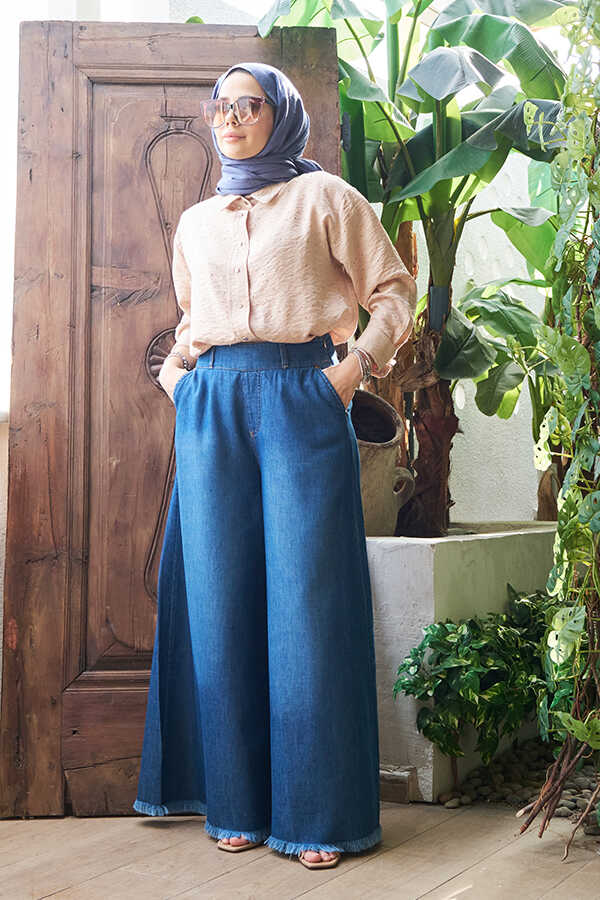 NW Tasseled Denim Wide Pants Dark Blue