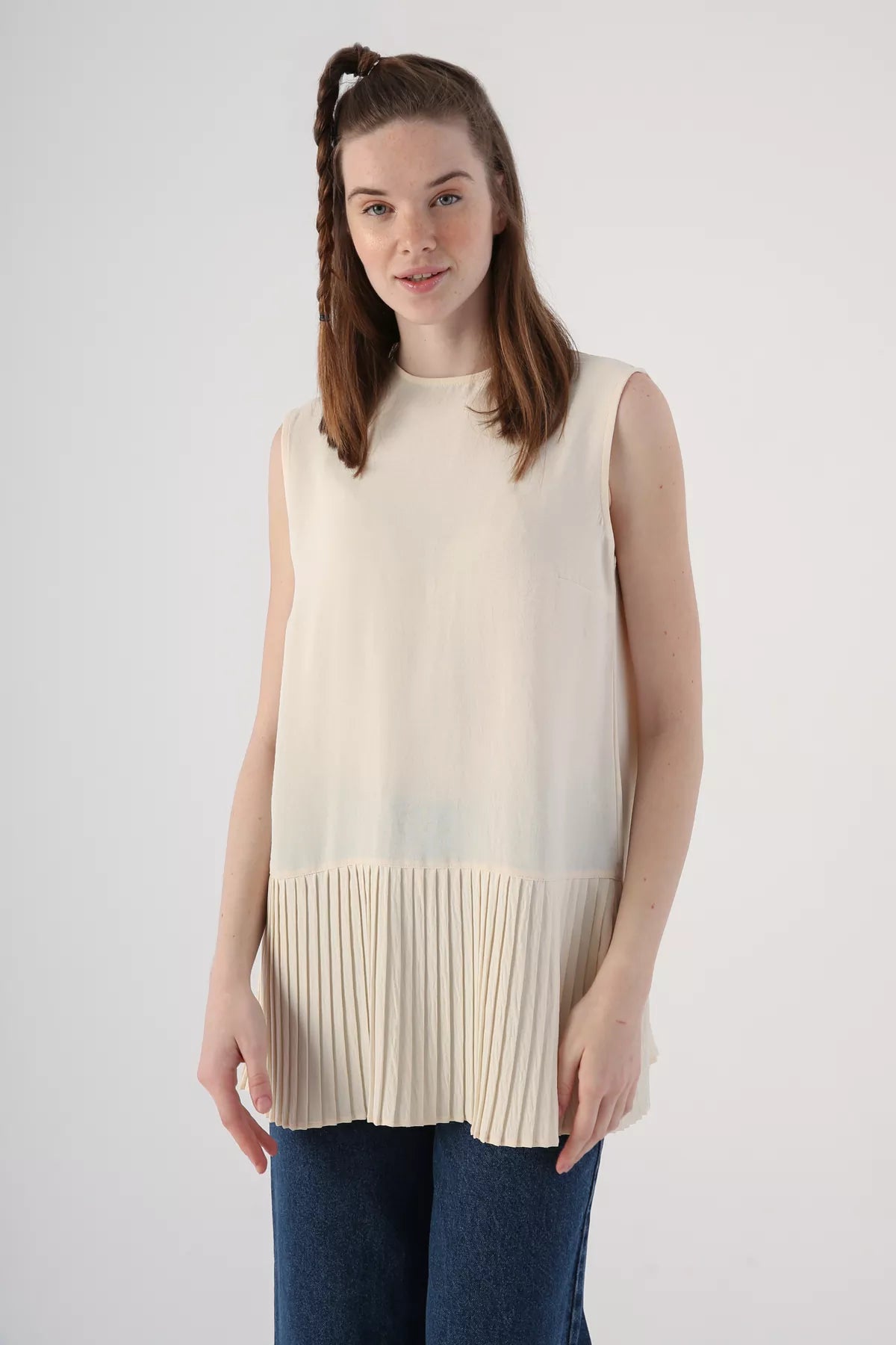 All Sleeveless Pleated Tunic Ecru