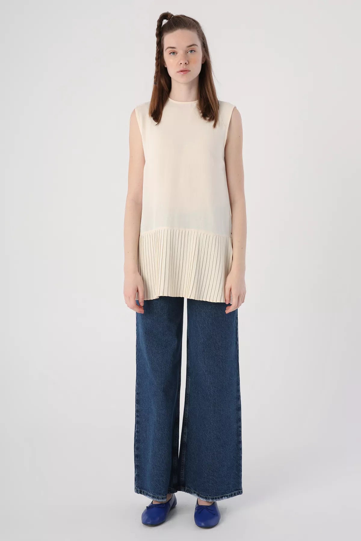 All Sleeveless Pleated Tunic Ecru