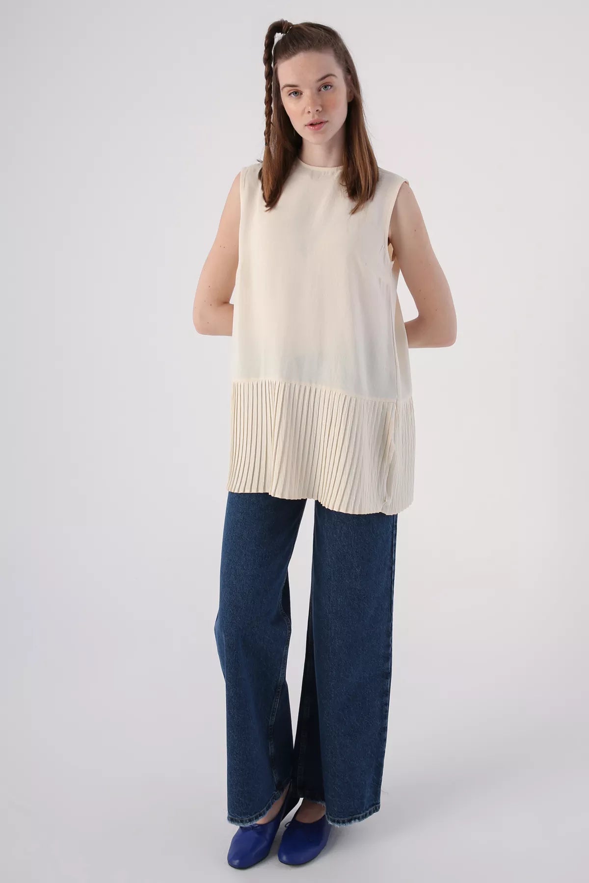 All Sleeveless Pleated Tunic Ecru