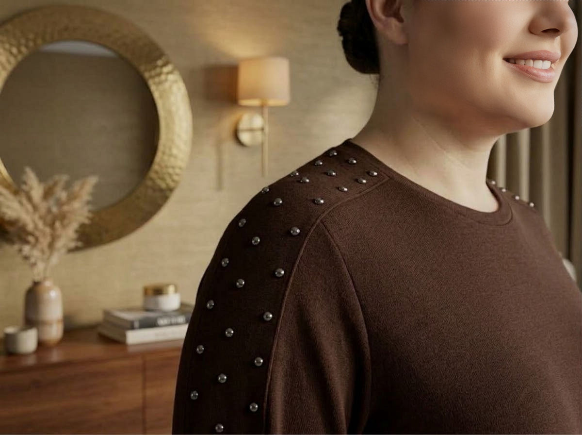 SR Pearl Embellished Plus Tunic Brown