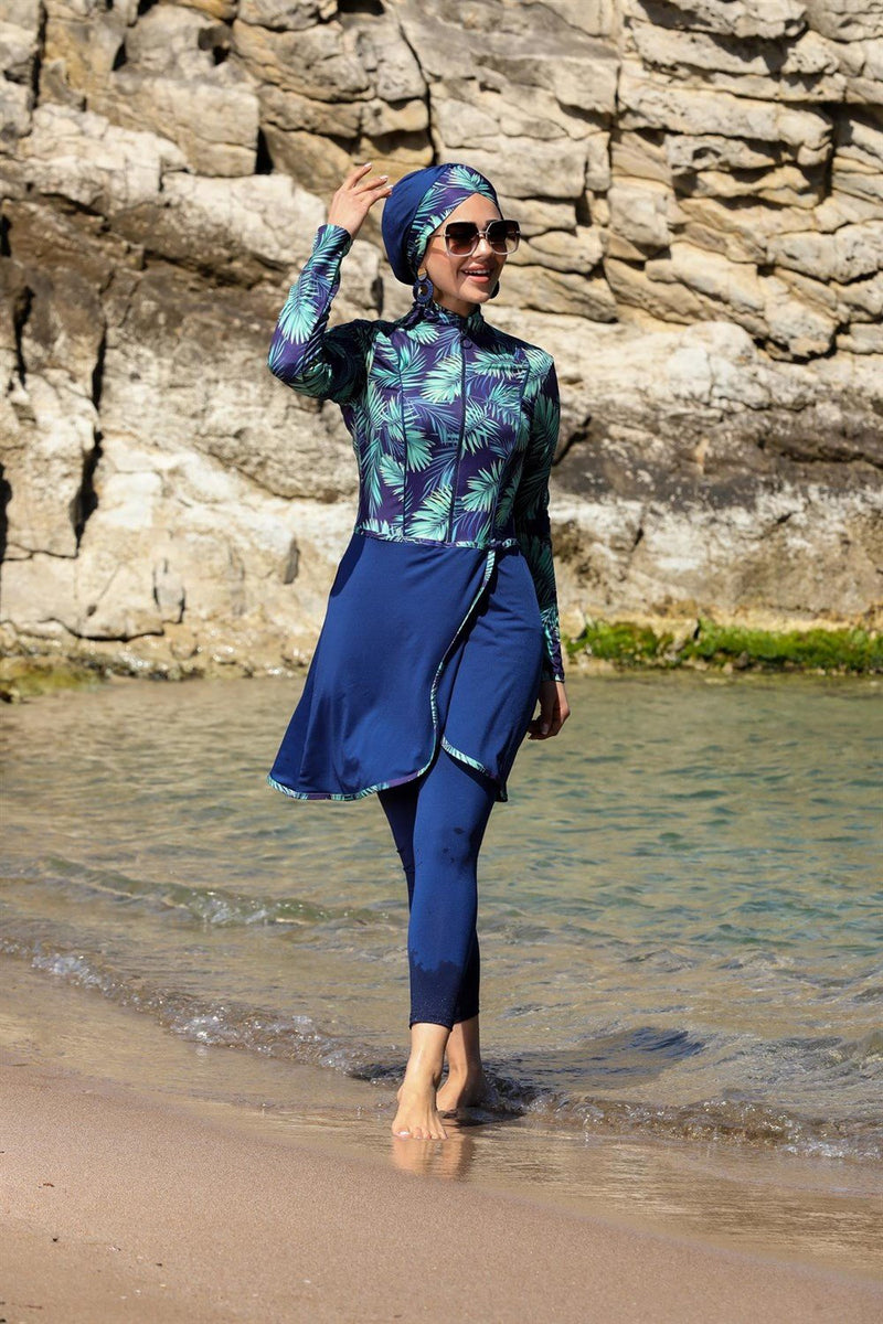 SX Long Floral Tunic Swimwear Set Navy Blue