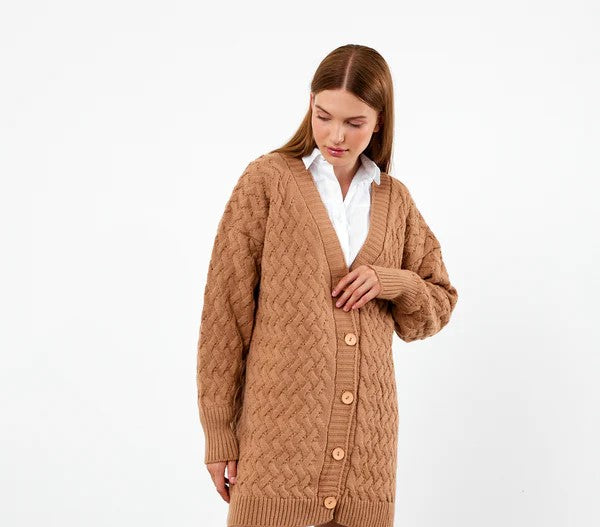 Vav Braided Midsize Knitted Winter Cardigan Camel