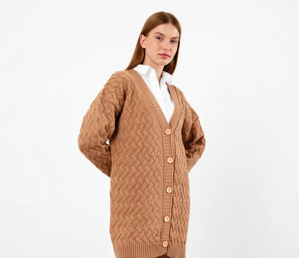 Vav Braided Midsize Knitted Winter Cardigan Camel