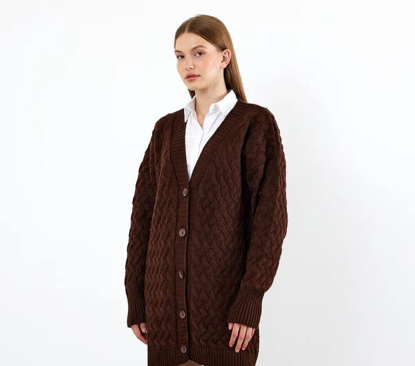 Vav Braided Midsize Knitted Winter Cardigan Brown