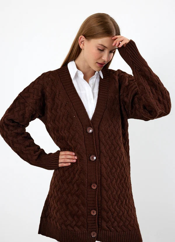 Vav Braided Midsize Knitted Winter Cardigan Brown