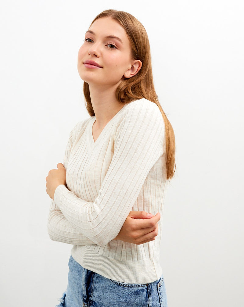 Vav Striped Crop Top Sweater Beige