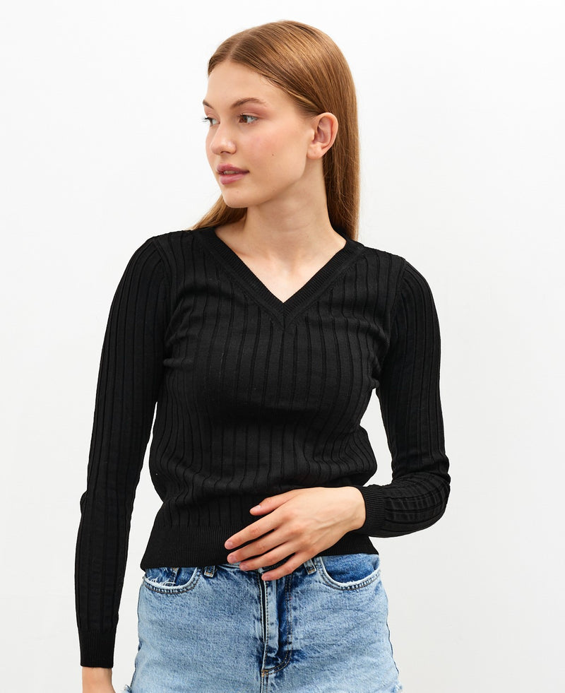 Vav Striped Crop Top Knitted Winter Sweater Black