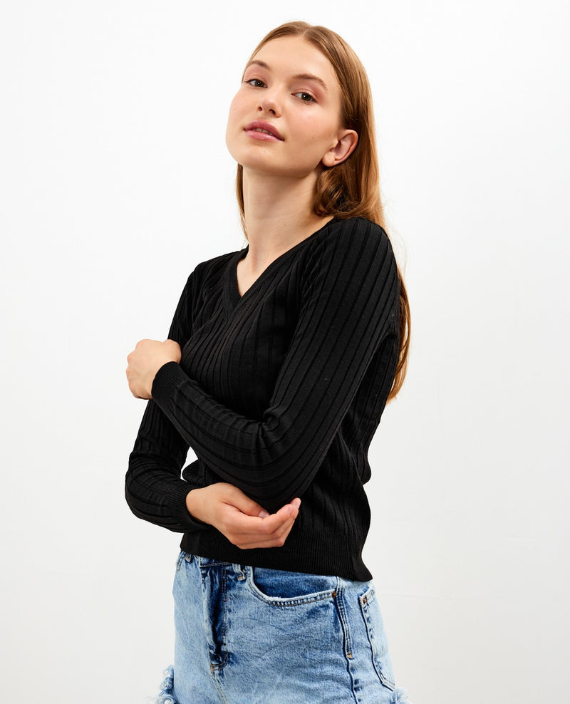 Vav Striped Crop Top Knitted Winter Sweater Black