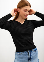 Vav Striped Crop Top Knitted Winter Sweater Black