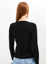 Vav Striped Crop Top Knitted Winter Sweater Black