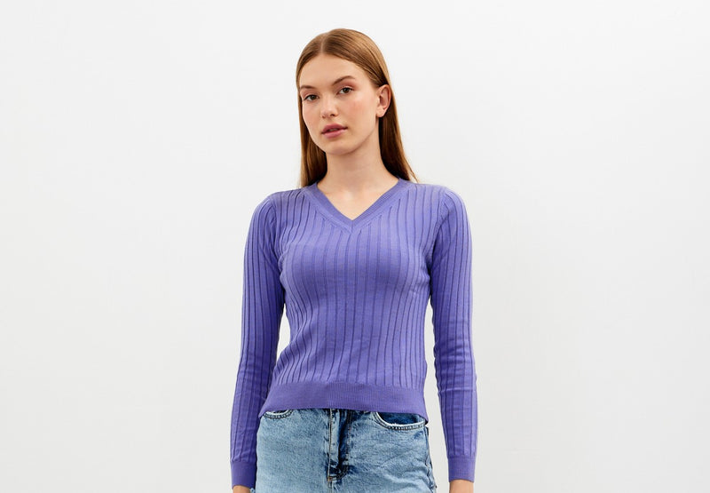 Vav Striped Crop Top Knitted Winter Sweater Purple