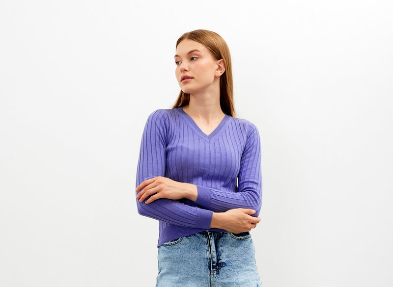 Vav Striped Crop Top Knitted Winter Sweater Purple