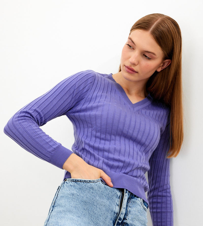 Vav Striped Crop Top Knitted Winter Sweater Purple