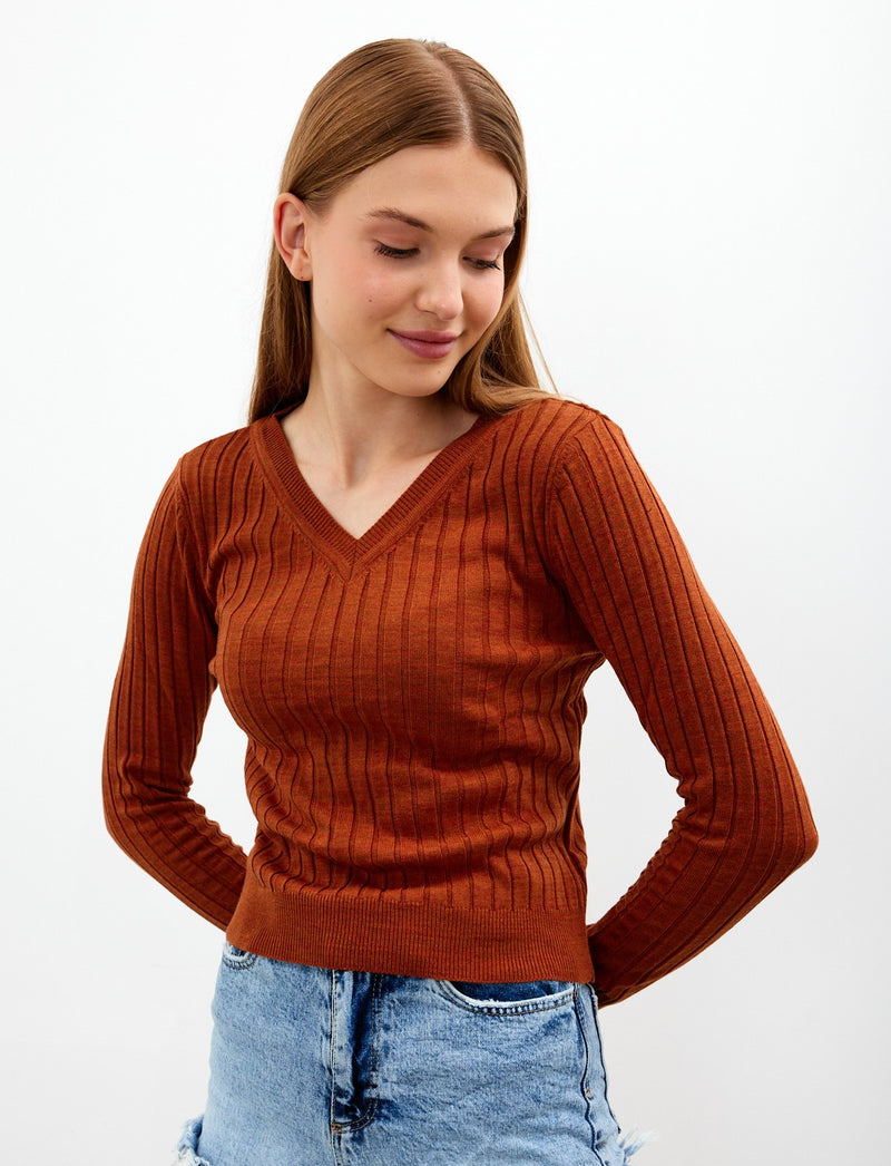 Vav Striped Crop Top Sweater Brick Color