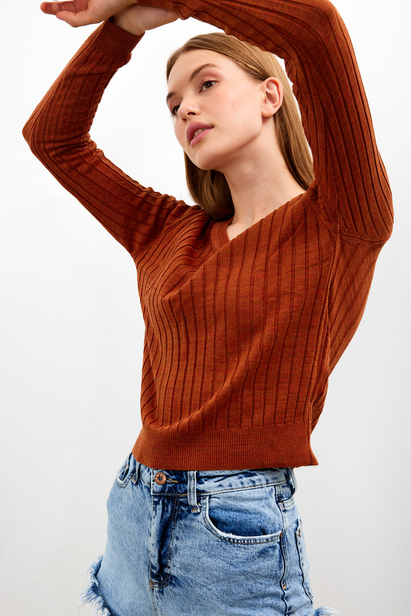 Vav Striped Crop Top Sweater Brick Color