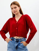 Vav Knitted Winter Buttoned Crop Top Red