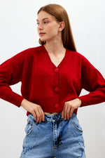 Vav Knitted Winter Buttoned Crop Top Red