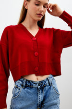 Vav Knitted Winter Buttoned Crop Top Red