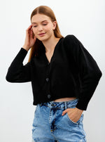 Vav Knitted Winter Buttoned Crop Top Black