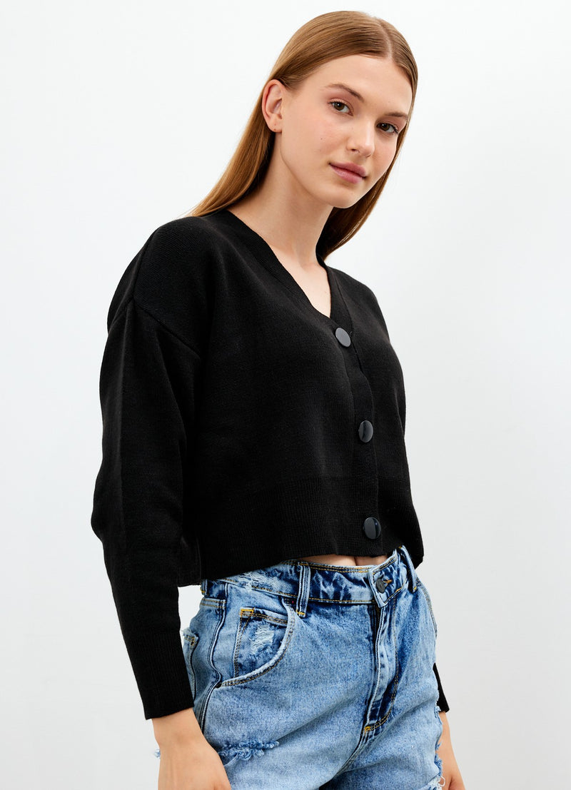 Vav Knitted Winter Buttoned Crop Top Black