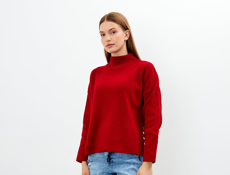 Vav Side Snap Button Sweater Red