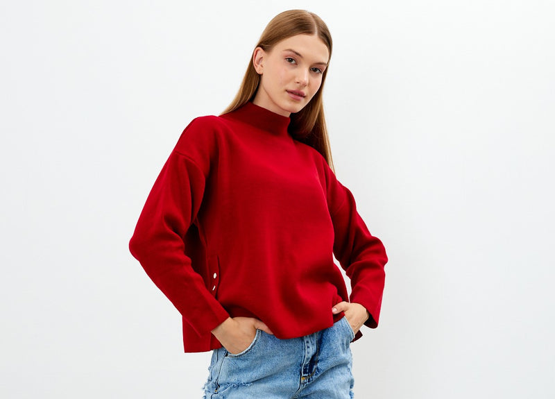Vav Side Snap Button Sweater Red