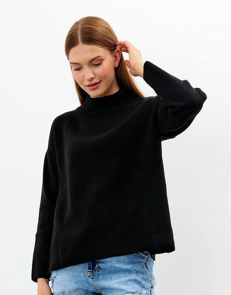 Vav Side Snap Button Knitted Winter Sweater Black