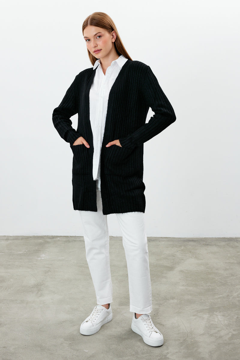 Vav Striped Knitted Cardigan Black