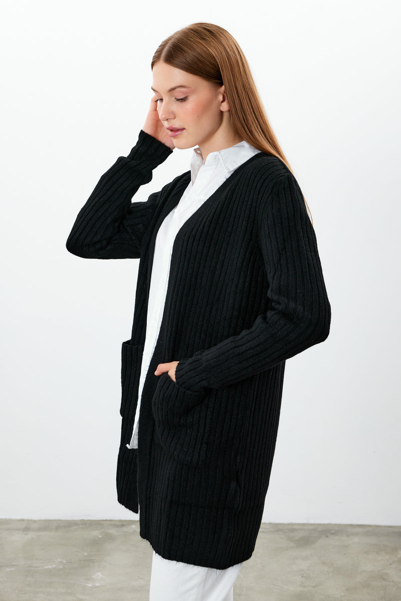 Vav Striped Knitted Cardigan Black