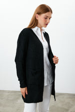 Vav Striped Knitted Cardigan Black