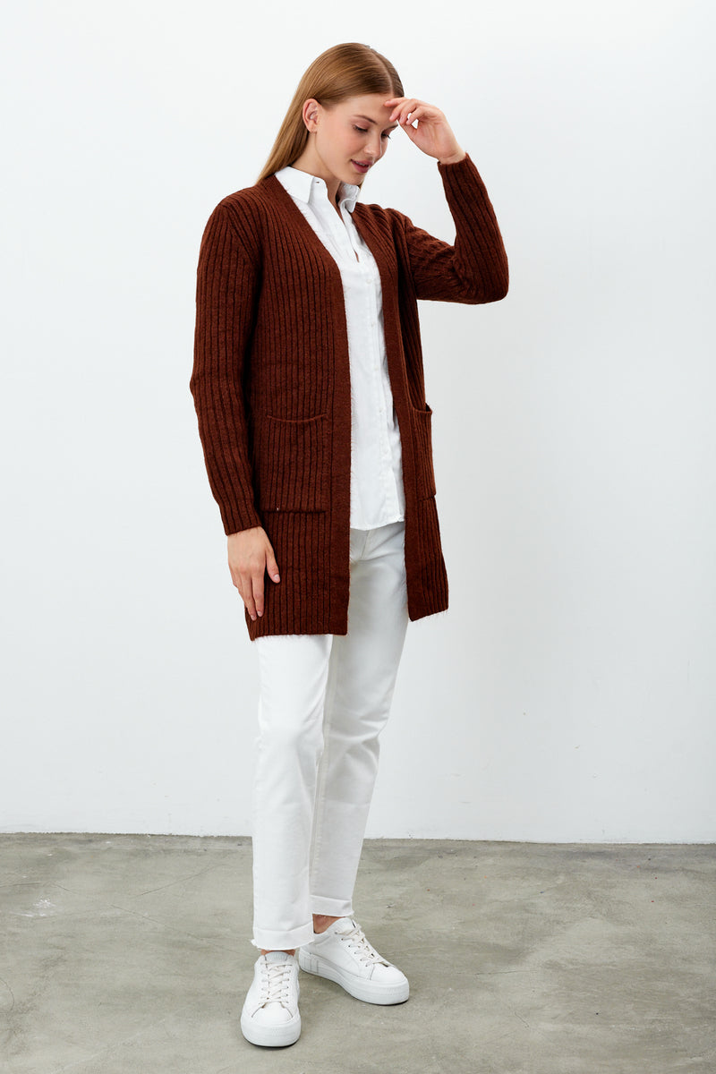 Vav Striped Knitted Cardigan Brick Color