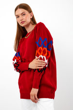 Vav X Chain Detailed Knitted Winter Sweater Red