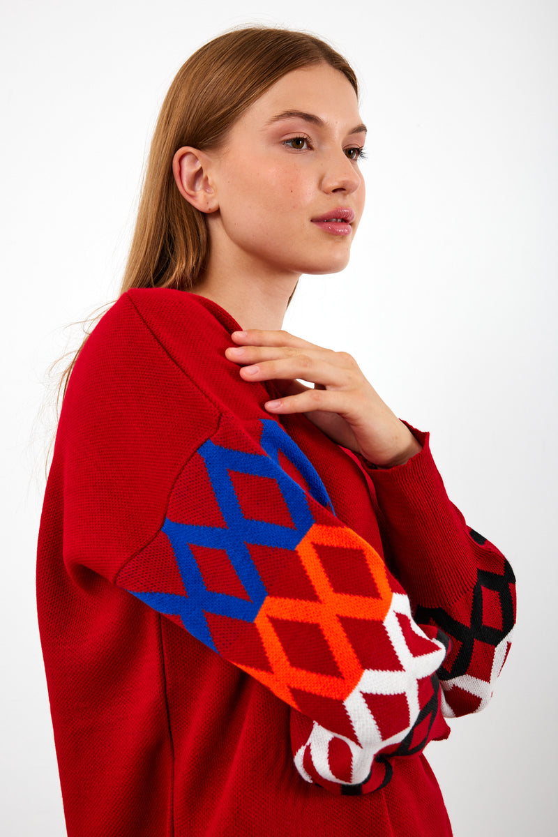 Vav X Chain Detailed Knitted Winter Sweater Red