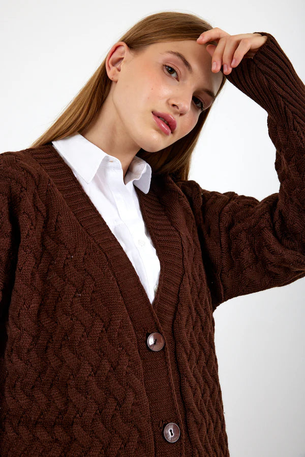 Vav Braided Midsize Knitted Winter Cardigan Brown