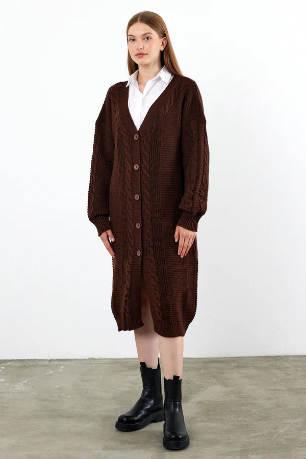 Vav Buttoned Down Twisted Knitted Winter Cardigan Brown