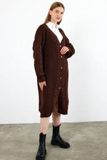 Vav Buttoned Down Twisted Knitted Winter Cardigan Brown