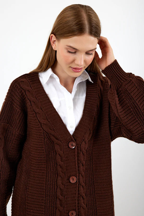 Vav Buttoned Down Twisted Knitted Winter Cardigan Brown