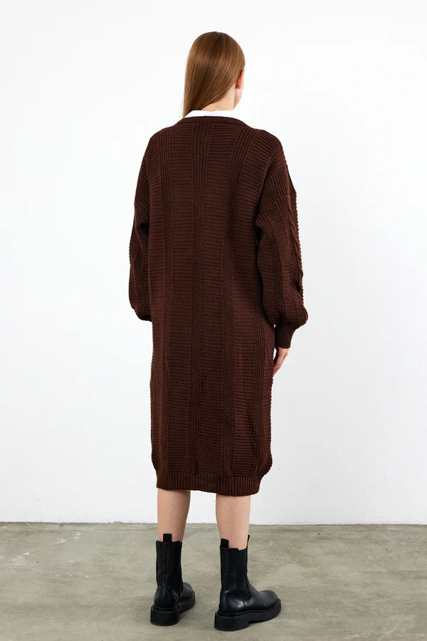 Vav Buttoned Down Twisted Knitted Winter Cardigan Brown